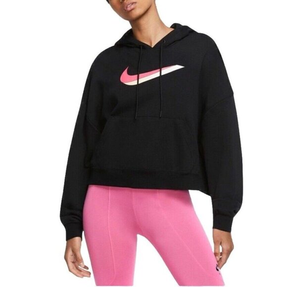Nike Icon Clash Fleece Black Crop Hoodie Women's Sz 1X Pink Yellow Double Swoosh - Picture 1 of 9